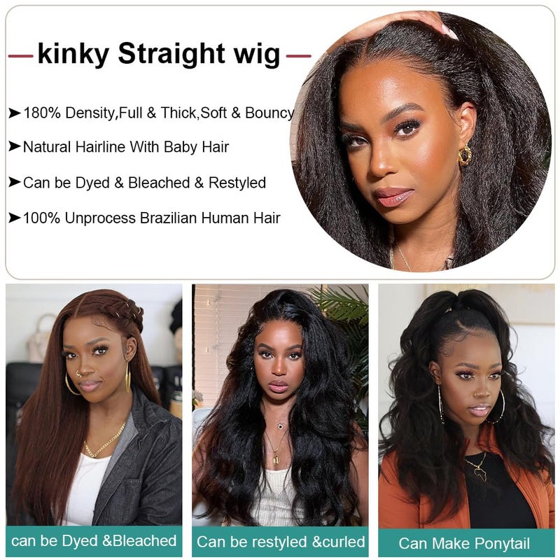 veravicky Kinky Straight Wig 16 Inch 180% Density Yaki Straight Human Hair Wig With Pre-Plucked Hairline & Adjustable Straps,Natural Black 13x4 Lace Front Wigs Human Hair For Black Women - Image 3